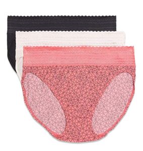 warner's womens blissful benefits dig-free comfort waistband with lace microfiber hi-cut 3-pack 5109w underwear, sunkissed coral crystal web/rosewater/black, large us