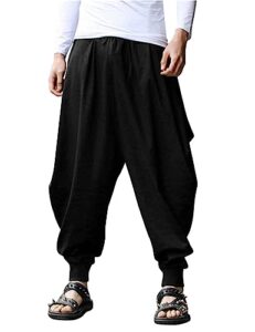 coofandy men linen baggy harem pant hippie pants yoga casual drop crotch trouser black