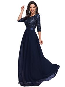ever-pretty women's round neck sequin 3/4 sleeve party dress chiffon cockatil dress navy blue us6