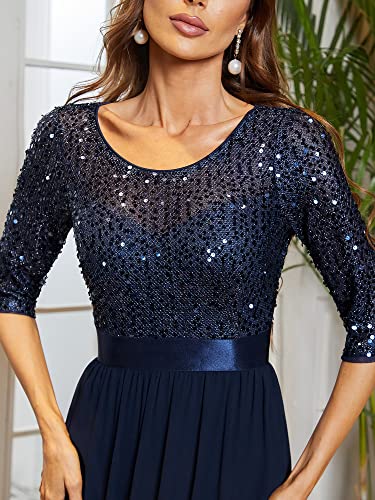 Ever-Pretty Women's Round Neck Sequin 3/4 Sleeve Party Dress Chiffon Cockatil Dress Navy Blue US6
