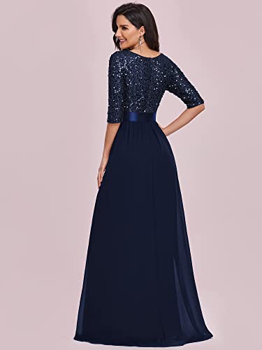 Ever-Pretty Women's Round Neck Sequin 3/4 Sleeve Party Dress Chiffon Cockatil Dress Navy Blue US6