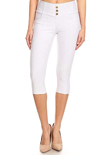 Women's High Waist Stretch Skinny Denim Capri Jeggings with Pockets(Medium, Capri-Grayish White)