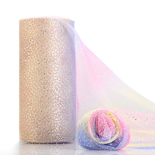 25 Yards Rainbow Glitter Tulle Roll Netting Fabric Ribbon Spool Shiny Sewing Ribbon Gradient Craft Ribbon for Table Chair Sash Bow Costume Christmas Wedding Birthday Baby Shower (Rainbow Color)