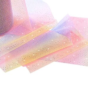 25 Yards Rainbow Glitter Tulle Roll Netting Fabric Ribbon Spool Shiny Sewing Ribbon Gradient Craft Ribbon for Table Chair Sash Bow Costume Christmas Wedding Birthday Baby Shower (Rainbow Color)