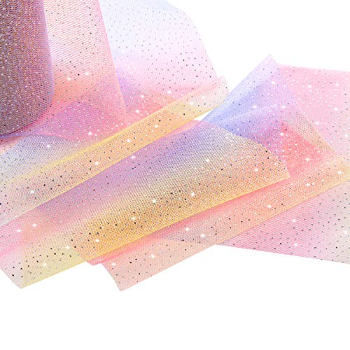 25 Yards Rainbow Glitter Tulle Roll Netting Fabric Ribbon Spool Shiny Sewing Ribbon Gradient Craft Ribbon for Table Chair Sash Bow Costume Christmas Wedding Birthday Baby Shower (Rainbow Color)