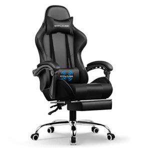 gtplayer gaming chair, computer chair with footrest and lumbar support, height adjustable game chair with 360°-swivel seat and headrest and for office or gaming (black)