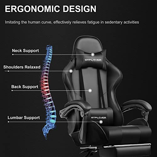 GTPLAYER Gaming Chair, Computer Chair with Footrest and Lumbar Support, Height Adjustable Game Chair with 360°-Swivel Seat and Headrest and for Office or Gaming (Black)