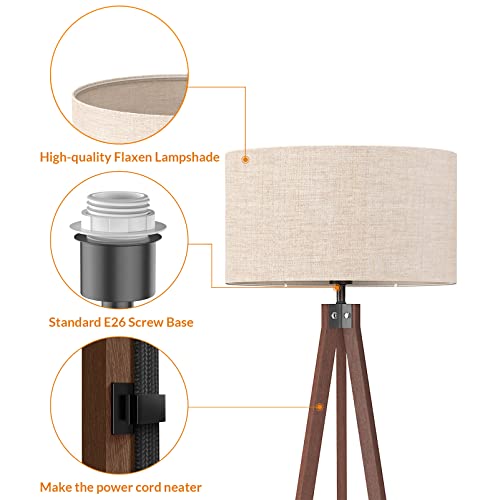 LEPOWER Wood Floor Lamp Tripod, Modern Design Mid Century Standing Lamps for Living Room,Bedroom and Office, Flaxen Lamp Shade with E26 Lamp Base