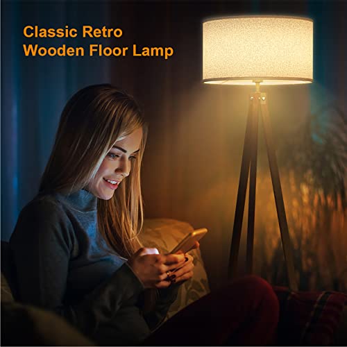 LEPOWER Wood Floor Lamp Tripod, Modern Design Mid Century Standing Lamps for Living Room,Bedroom and Office, Flaxen Lamp Shade with E26 Lamp Base