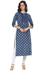 janasya women's blue printed cotton kurta