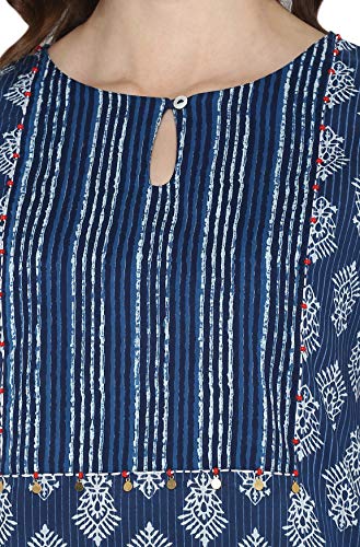 Janasya Women's Blue Printed Cotton Kurta