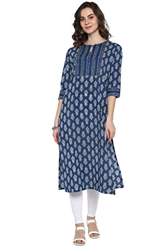 Janasya Women's Blue Printed Cotton Kurta