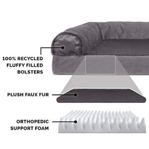 Furhaven Orthopedic Dog Bed for Medium/Small Dogs w/ Removable Bolsters & Washable Cover, For Dogs Up to 35 lbs - Plush & Velvet L Shaped Chaise - Platinum Gray, Medium