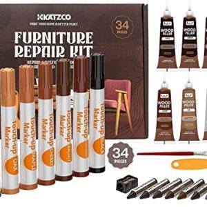 Katzco Total Furniture Repair Kit - Set of 34 - Resin Repair Wood Filler, Brushes, Markers with Plastic Scraper - for Stains, Scratches, Wood Floors, Tables, Desks, Carpenters, Bedposts