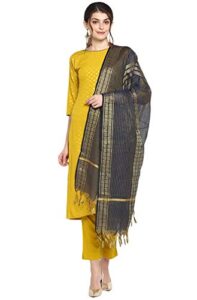 janasya indian women's mustard poly crepe kurta with pant and dupatta(set197-kr-np-l)