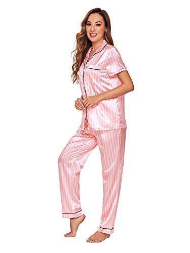 WDIRARA Women's Sleepwear Striped Satin Short Sleeve Shirt and Pants Pajama Set Pink S