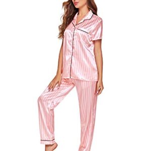 WDIRARA Women's Sleepwear Striped Satin Short Sleeve Shirt and Pants Pajama Set Pink S