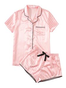 wdirara women's satin sleepwear short sleeve button shirt and shorts pajama set silky pj striped pink xxs