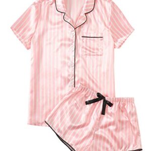 WDIRARA Women's Satin Sleepwear Short Sleeve Button Shirt and Shorts Pajama Set Silky PJ Striped Pink XXS