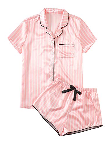 WDIRARA Women's Satin Sleepwear Short Sleeve Button Shirt and Shorts Pajama Set Silky PJ Striped Pink XXS