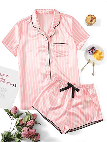 WDIRARA Women's Satin Sleepwear Short Sleeve Button Shirt and Shorts Pajama Set Silky PJ Striped Pink XXS