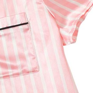 WDIRARA Women's Satin Sleepwear Short Sleeve Button Shirt and Shorts Pajama Set Silky PJ Striped Pink XXS