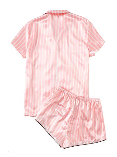 WDIRARA Women's Satin Sleepwear Short Sleeve Button Shirt and Shorts Pajama Set Silky PJ Striped Pink XXS