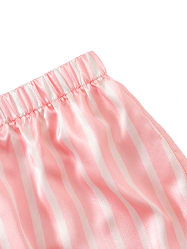 WDIRARA Women's Satin Sleepwear Short Sleeve Button Shirt and Shorts Pajama Set Silky PJ Striped Pink S