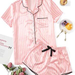 WDIRARA Women's Satin Sleepwear Short Sleeve Button Shirt and Shorts Pajama Set Silky PJ Striped Pink S