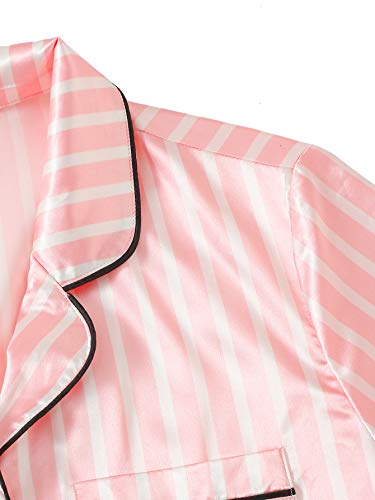 WDIRARA Women's Satin Sleepwear Short Sleeve Button Shirt and Shorts Pajama Set Silky PJ Striped Pink S