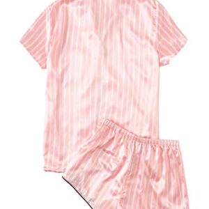 WDIRARA Women's Satin Sleepwear Short Sleeve Button Shirt and Shorts Pajama Set Silky PJ Striped Pink S