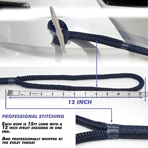 INNOCEDEAR 2 Pack Premium Navy Blue Dock Lines - 15' / 25'/35' with Eyelet.Double Braided Nylon Dock Line/Mooring Lines.Hi-Performance Marine Boats Ropes