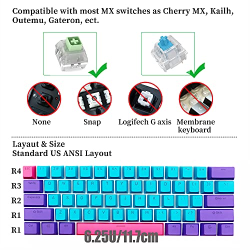 GTSP 61 Keycaps 60 Percent, Ducky One 2 Mini Keycaps for Mechanical Keyboard OEM Profile RGB PBT Keycap Set with Key Puller for Cherry MX Switches GK61/SK 61/Joker (Only keycaps) Blue