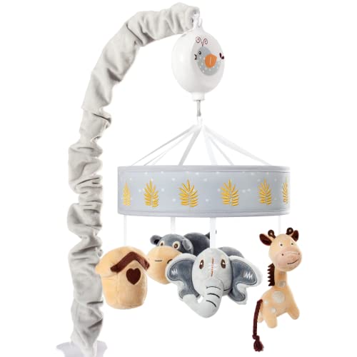 Oberlux Musical Baby Crib Mobile - Jungle Animal Safari Theme Baby Mobile for Crib, Baby Soother, Baby Toys, Crib Toys Animals, Gray, Tan,