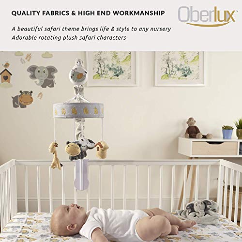 Oberlux Musical Baby Crib Mobile - Jungle Animal Safari Theme Baby Mobile for Crib, Baby Soother, Baby Toys, Crib Toys Animals, Gray, Tan,