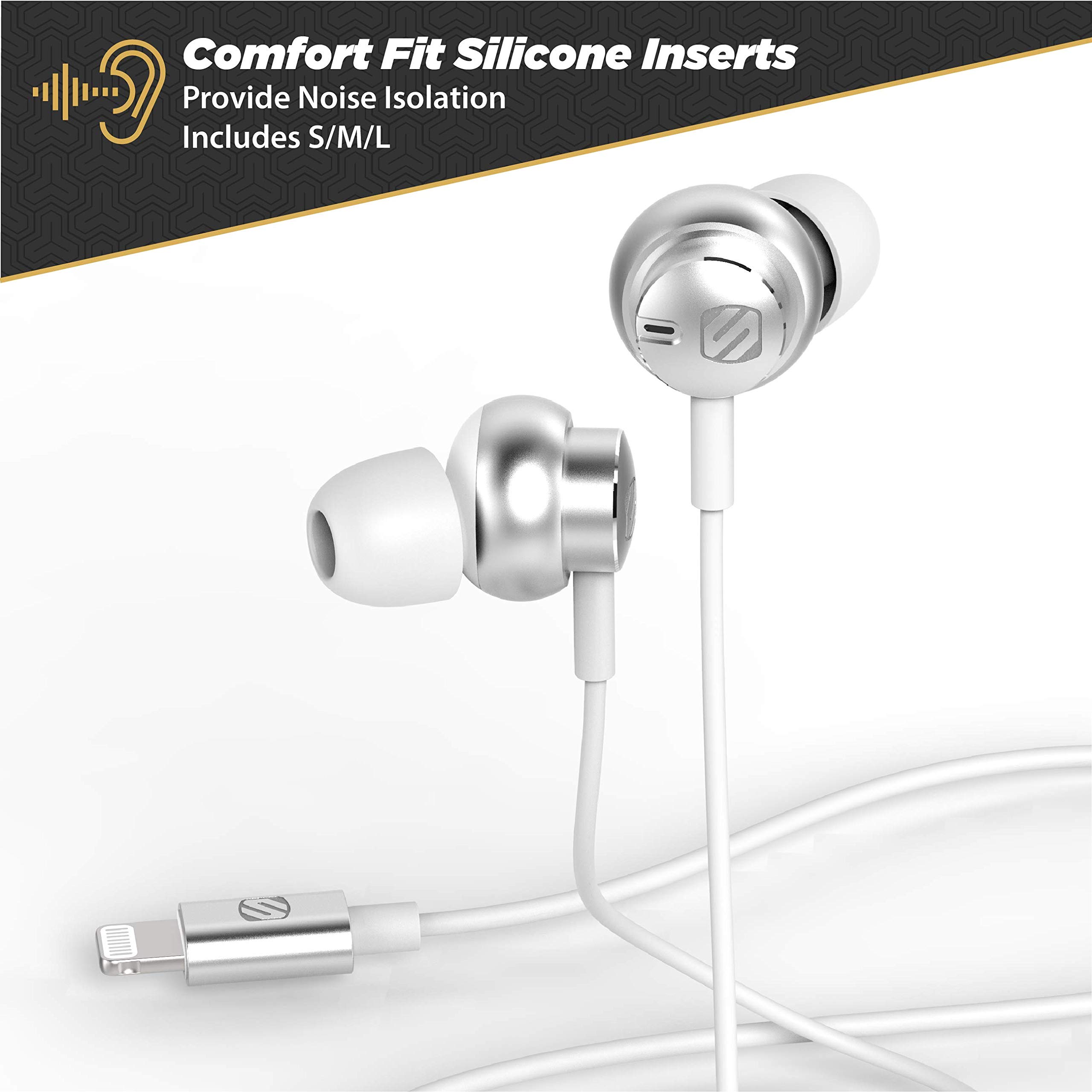 Scosche iDR500LW-XVSP2 Wired Earbuds for Lightning Devices, Silver/White