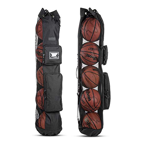 Fitdom Heavy Duty XL Basketball Mesh Equipment Ball Bag w/ Shoulder Strap Design for Coach with 2 Front Pockets for Coaching & Sport Accessories. This Team Tube Carrier Can Store Up to 5 Basketballs (Black)