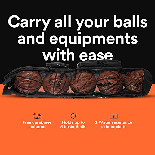 Fitdom Heavy Duty XL Basketball Mesh Equipment Ball Bag w/ Shoulder Strap Design for Coach with 2 Front Pockets for Coaching & Sport Accessories. This Team Tube Carrier Can Store Up to 5 Basketballs (Black)