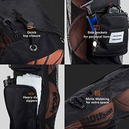 Fitdom Heavy Duty XL Basketball Mesh Equipment Ball Bag w/ Shoulder Strap Design for Coach with 2 Front Pockets for Coaching & Sport Accessories. This Team Tube Carrier Can Store Up to 5 Basketballs (Black)