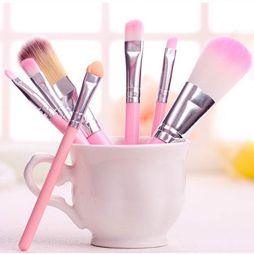 Pimoys Children Makeup Brushes, 7Pcs Makeup Brush Set Foundation Eyebrow Eyeliner Brush Cosmetic Concealer Brushes for Kids Girls, Women trave - Pink with case