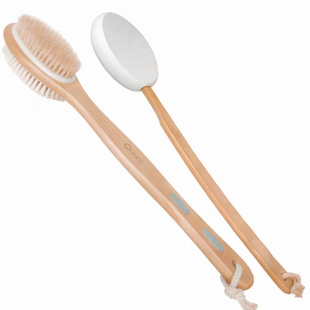 2PCS QUNCI Shower Brush Set - Double-Sided Brush Head for Wet or Dry Brushing, Bath Body Exfoliating Brush, Dry Skin Body Exfoliator&Lotion Applicator for Your Back