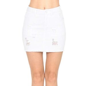 wax women's juniors casual distressed a-line denim short skirt, white, small