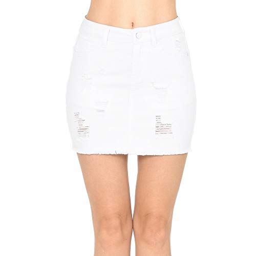 Wax Women's Juniors Casual Distressed A-Line Denim Short Skirt, White, Small