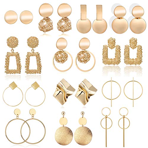 13 Pairs Statement Drop Dangle Earrings, Gold Stud Earrings for Women & Fashion Big Geometric Earrings for Girls, Hanging Earring Set Jewelry Gifts