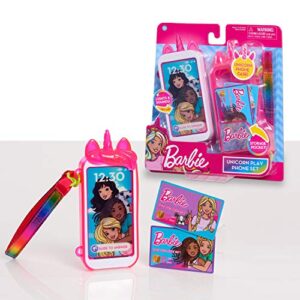 barbie unicorn play phone set with lights and sounds, unicorn phone case and wristlet, toy cell phone for kids, by just play , pink