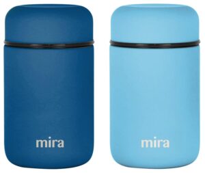 mira 2 pack insulated food jar thermos for hot food & soup, compact stainless steel vacuum lunch container, 13.5 oz, sky, denim