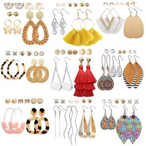 47 pairs fashion earrings for women girls, boho statement tassel rattan leather earrings butterfly acrylic hoop stud drop dangle earrings set, hypoallergenic for sensitive ears