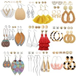 47 Pairs Fashion Earrings for Women Girls, Boho Statement Tassel Rattan Leather Earrings Butterfly Acrylic Hoop Stud Drop Dangle Earrings Set, Hypoallergenic for Sensitive Ears