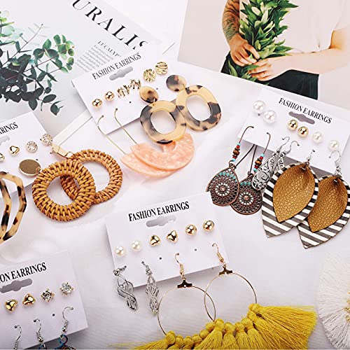 47 Pairs Fashion Earrings for Women Girls, Boho Statement Tassel Rattan Leather Earrings Butterfly Acrylic Hoop Stud Drop Dangle Earrings Set, Hypoallergenic for Sensitive Ears