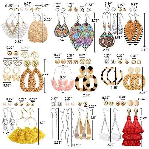 47 Pairs Fashion Earrings for Women Girls, Boho Statement Tassel Rattan Leather Earrings Butterfly Acrylic Hoop Stud Drop Dangle Earrings Set, Hypoallergenic for Sensitive Ears